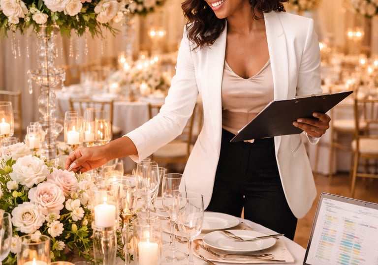 A computer showing scheduling work and book planner on a set table with florals and candles
