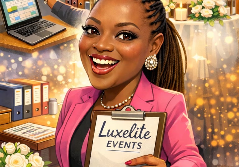 Caricature of Luxe Lite Events planner holding a branded sign with the company name