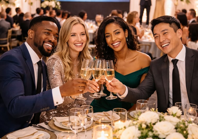 Four adults from diverse backgrounds raising champagne glasses in celebration