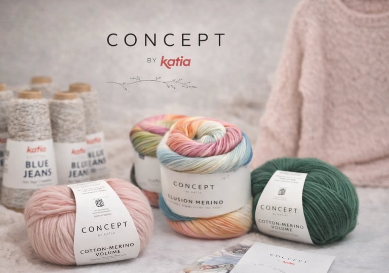 Katia Concept mezgimo siūlai iš natūralių pluoštų šalia megztinio.