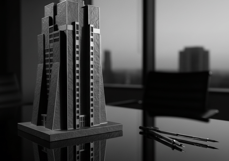 Miniature architectural skyscraper model and drafting tools on a desk in a modern office.