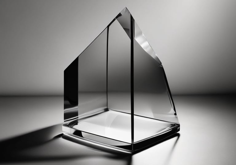 Minimalist geometric glass sculpture with sharp angles and reflections on a gray surface.