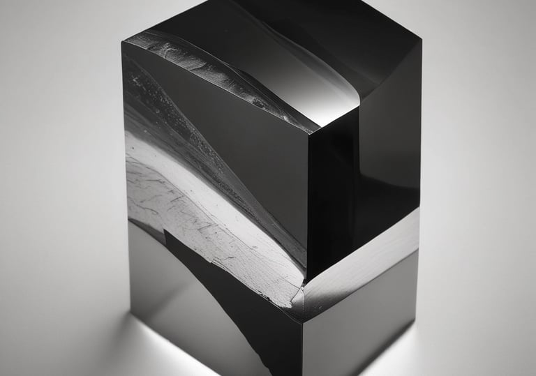 Polished obsidian glass block sculpture with abstract geometric cuts and reflective black surfaces.
