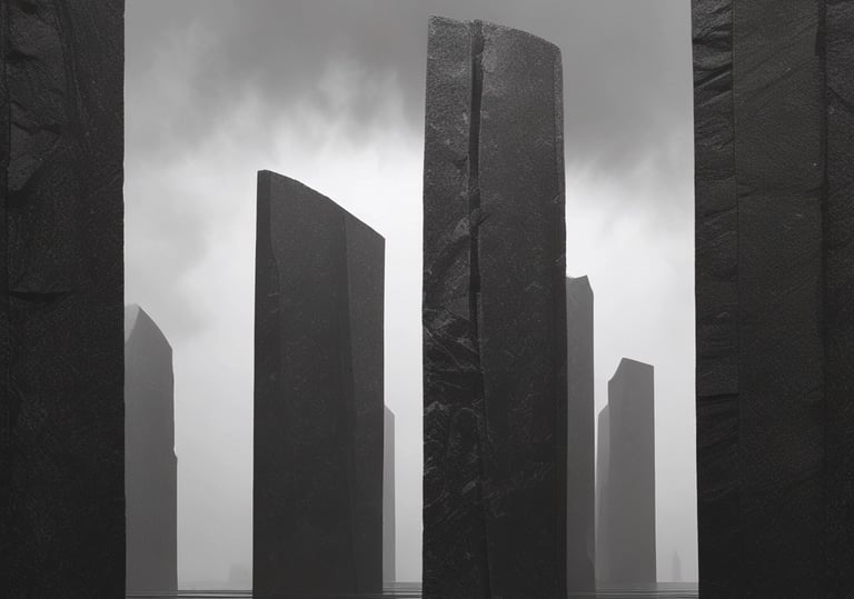 Tall black stone monoliths arranged in a geometric plaza under a moody, overcast sky.