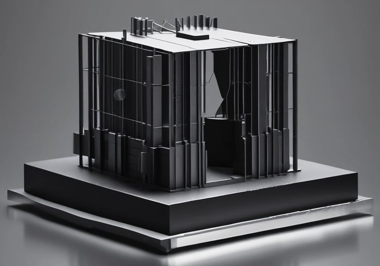 Minimalist black architectural model of a modern building with a vertical slat facade on a display base.