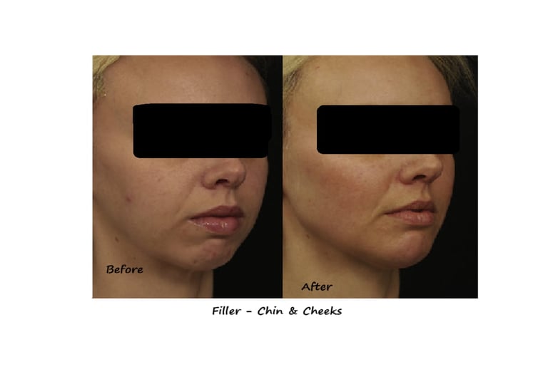 Before and after photos filler chin & cheeks – restored volume and proportions, a harmonious face.