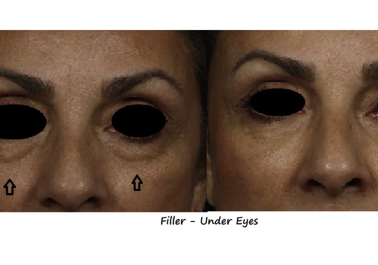 Before and after photos filler – Tear trough: brighter, smoother area under the eyes.
