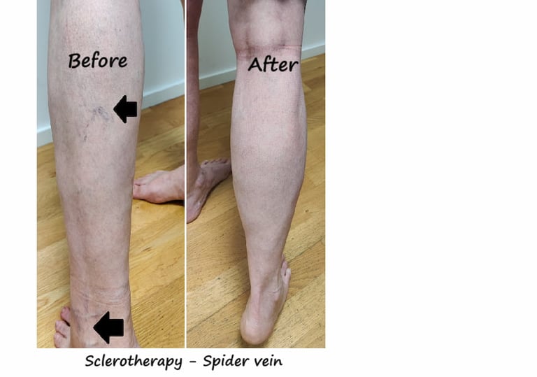 Before & after spider veins treatment Delhi – leg veins reduced 8 weeks after sclerotherapy.