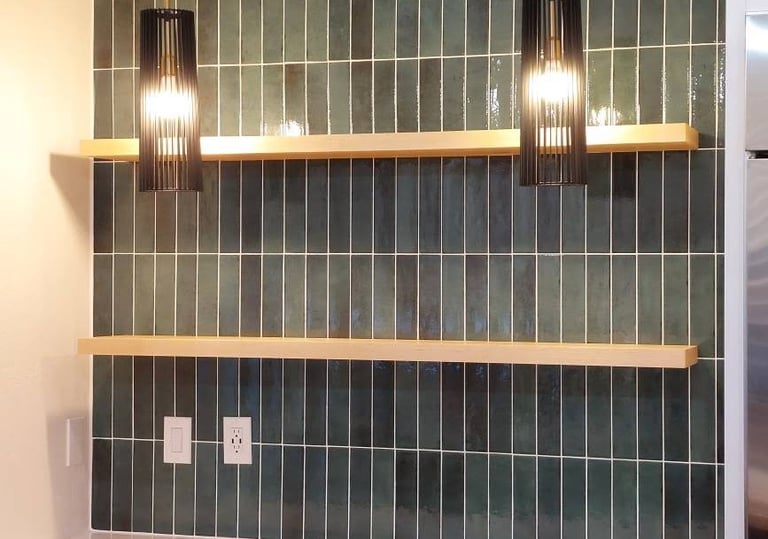 Backsplash wall with new custom shelves and new light pendants