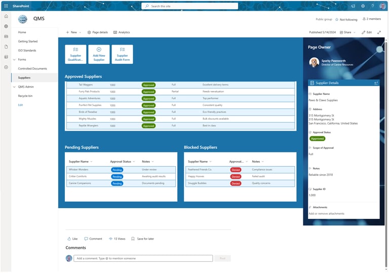 SharePoint QMS supplier management dashboard with approval and risk tracking