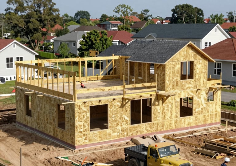 Blueprints and construction plans spread out on a desk.