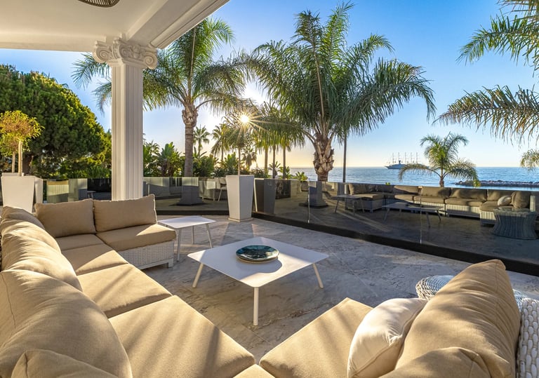Outdoor lounge area in high-end Marbella villa close to Puerto Banus