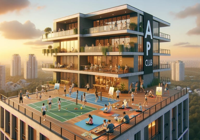 Apartment's image with a lot of people exercising and playing