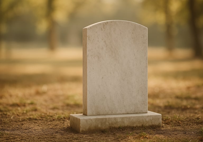 a simple marble tombstone with soft natural light; peaceful, poetic, minimal.