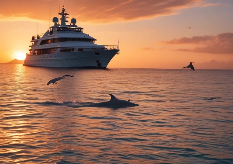 Sunset Dolphin cruise. A luxury yacht with dolphins around. The best excursion for honeymooners.