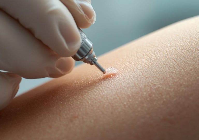 Dermatologist performing a precision cryotherapy treatment on a skin lesion or wart.