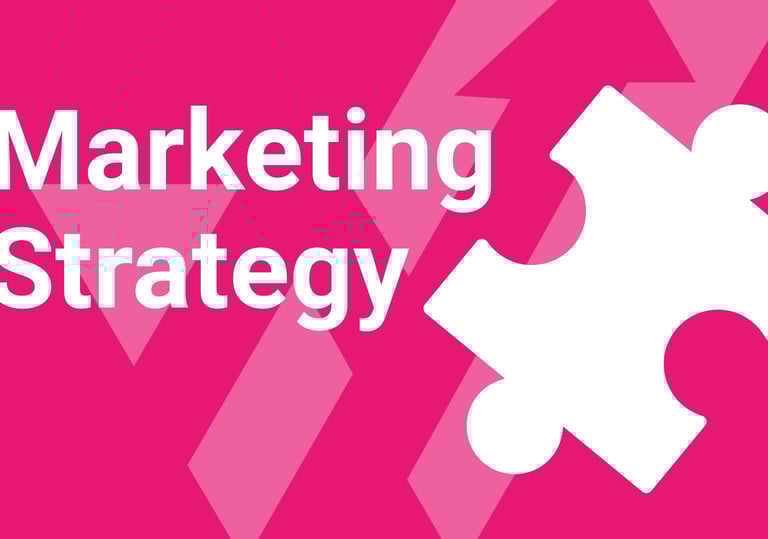 Marketing Strategy text in white on a bright pink background with a large white puzzle piece graphic