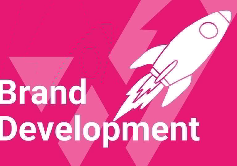 Brand Development text in white on a bright pink background with a white rocket illustration