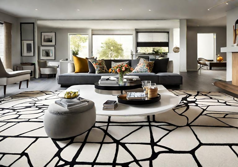 a living room with a large rug and a fireplace