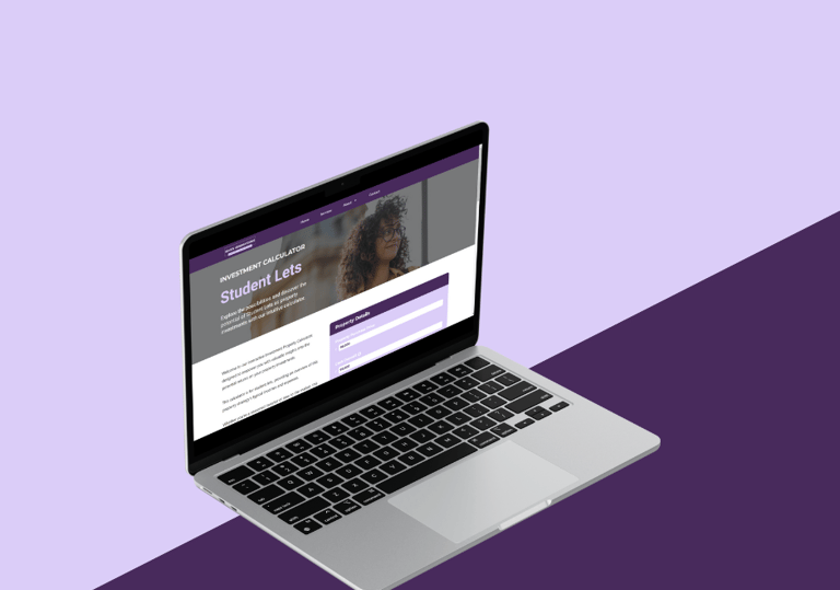 a laptop computer screen showing a website page on a purple background