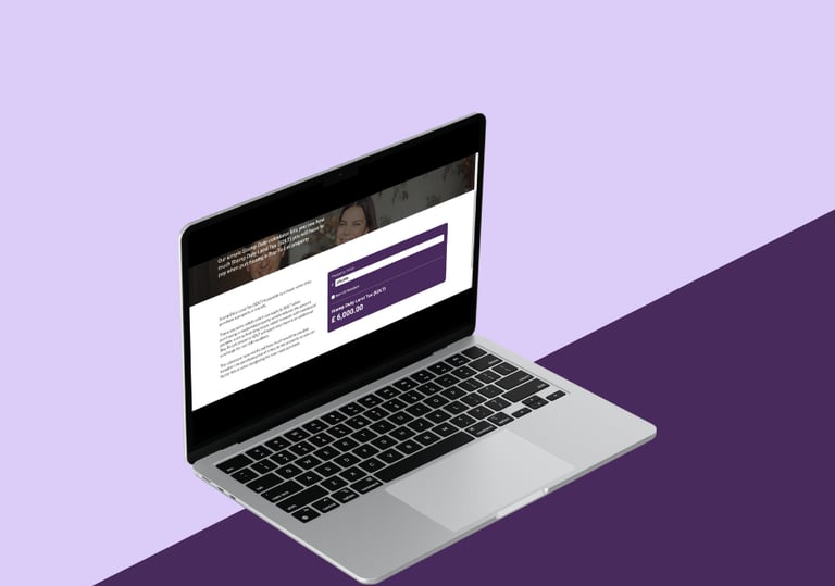 a laptop computer screen showing a website page on a purple background