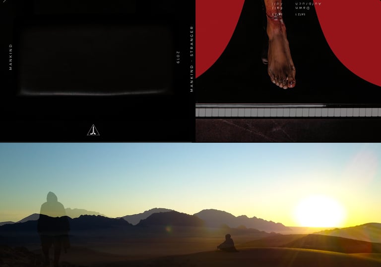 A Piaono seat and a photo of a person's foot, Mountains in the desert, sunrise