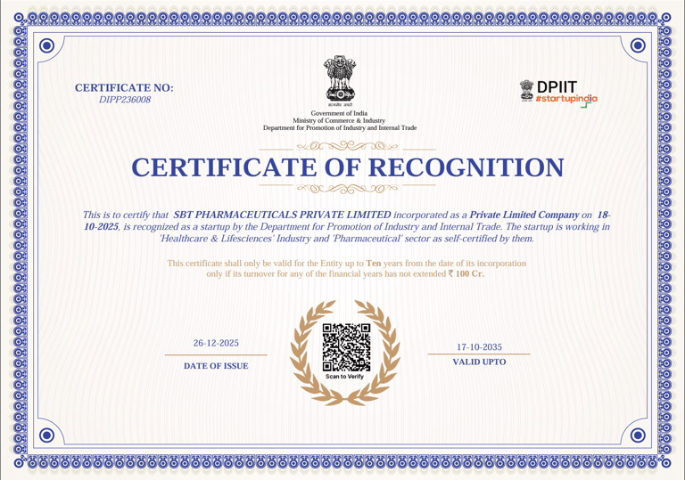 Startup India recognized pharmaceutical company India