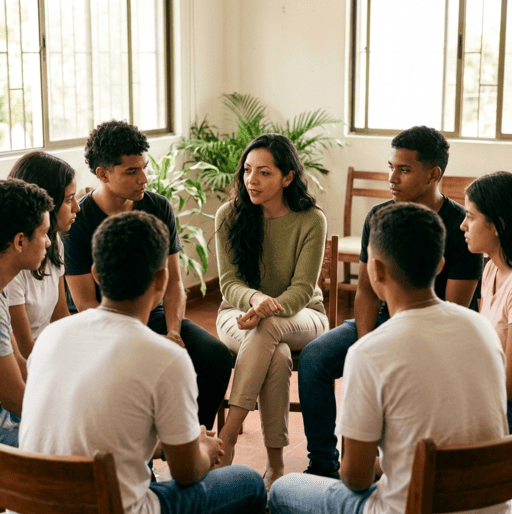 La Psicologa Mary Bejarano en terapia con un grupo de jovenes