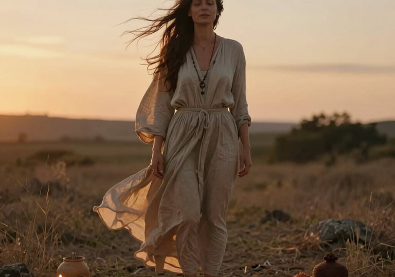 A woman in a flowing dress stands at a spiritual altar with candles and singing bowls at sunset.