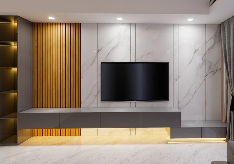 a tv screen mounted on a wall in a living room