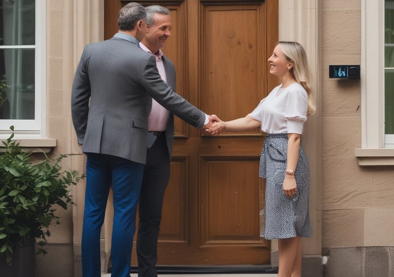 a man and woman shaking hands in front of a door