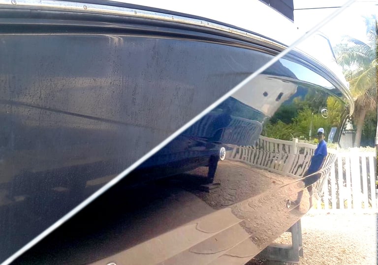 before and after boat detailing, shiny hull in St Pete, Sarasota