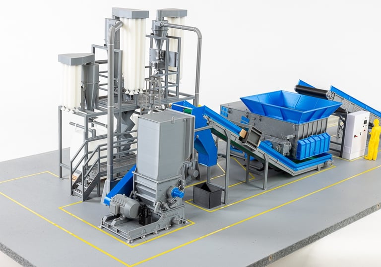model for industrial trade show presenting a plastic recycling production line