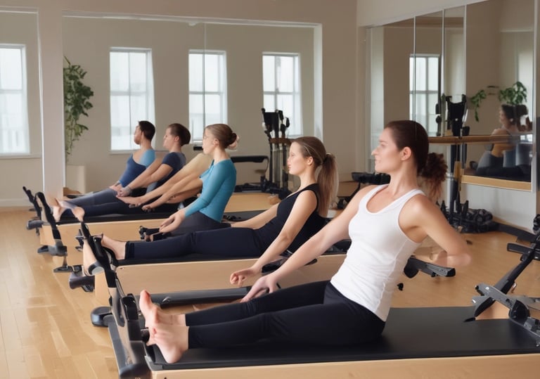 A serene Pilates studio setting with mats and props arranged for a workshop.