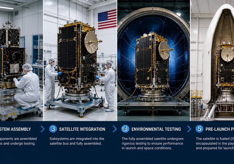 Satellite being manufactured in stages until launch.
