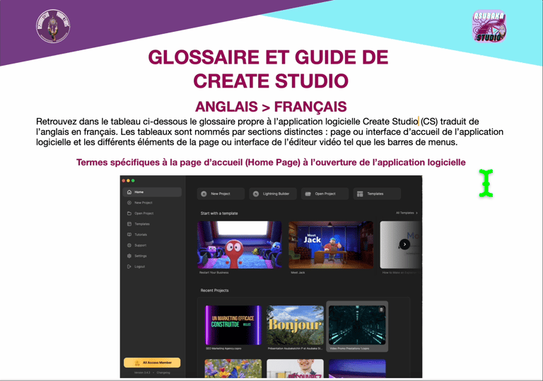 glossaire et guide Create Studio