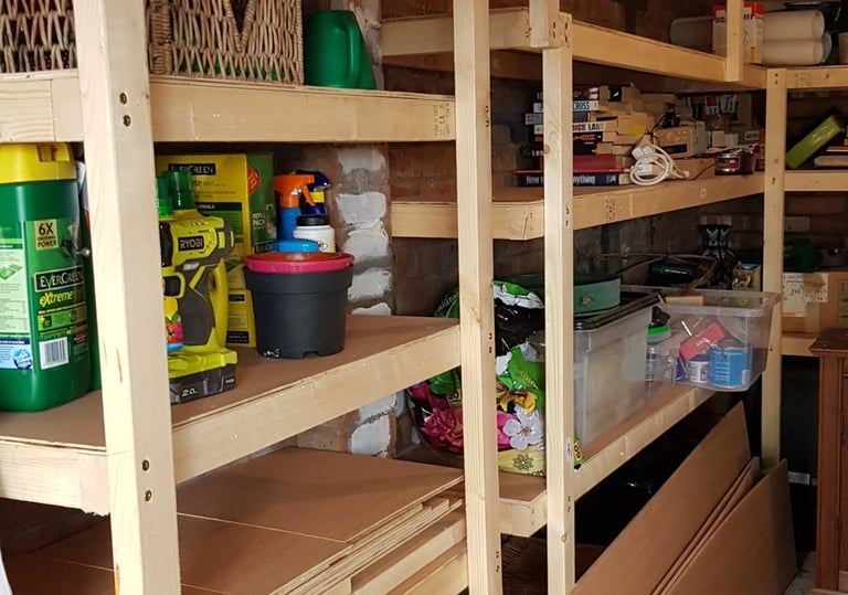 a garage with shelves