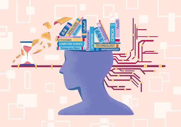 a head full of books, knowledge that transforms into a network with time. artificial intelligence