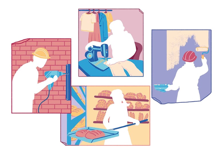 construction worker, painter, seamstress, baker, all missing holes