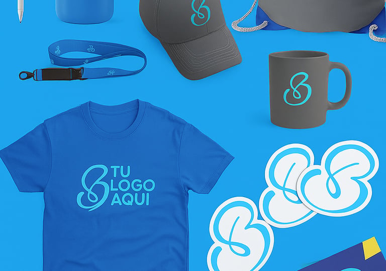Artículos promocionales como camisetas, gorras y stickers personalizados