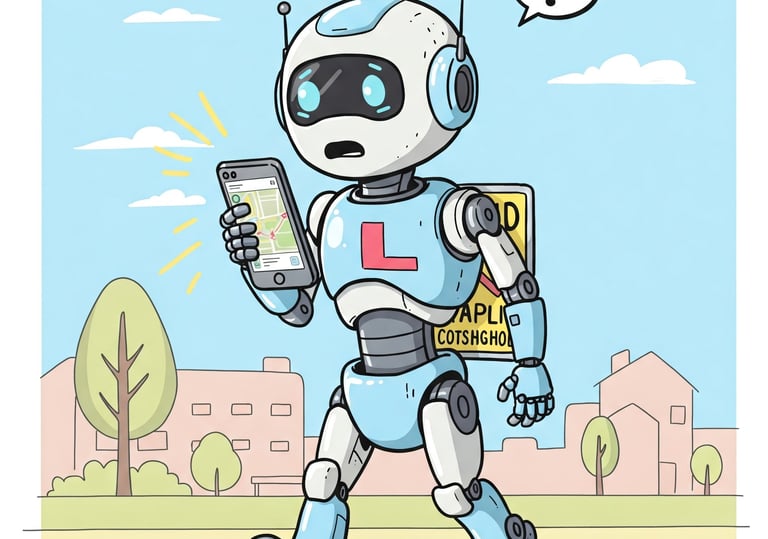 Robot mirando un smartphone al revés sin entenderlo. Lleva una L de prácticas.