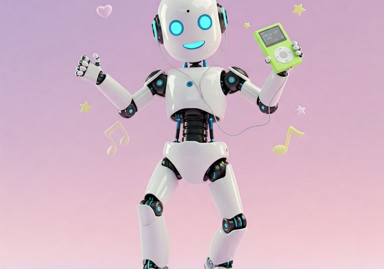 Robot humanoide bailando con un MP3 en la mano.