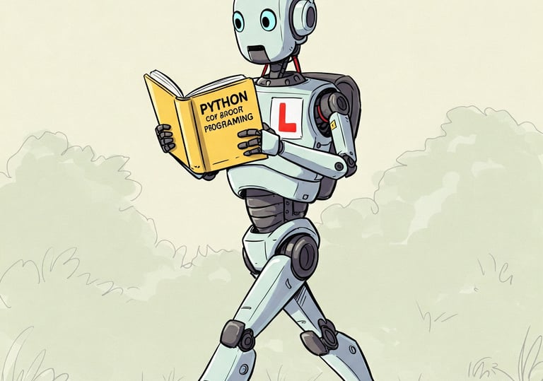 Robot hojeando un libro de Python sin entenderlo. Lleva una L de prácticas.