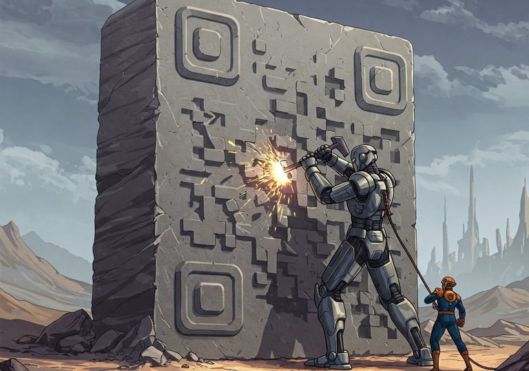 Robot humanoide gigante tallando en piedra un código QR.