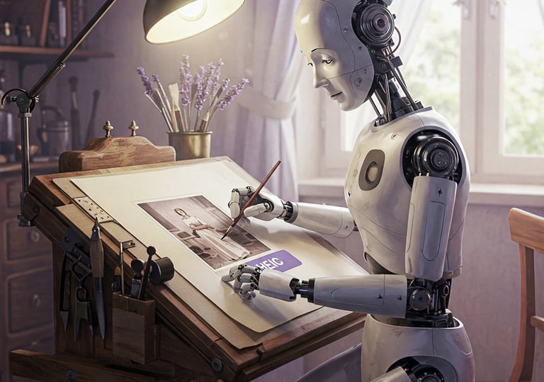 Robot humanoide reproduciendo una foto HEIC sobre una mesa de dibujo.