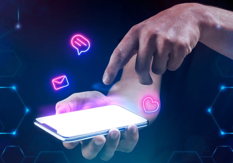 Una persona sosteniendo un teléfono con efectos en la pantalla de reacciones y notificaciones