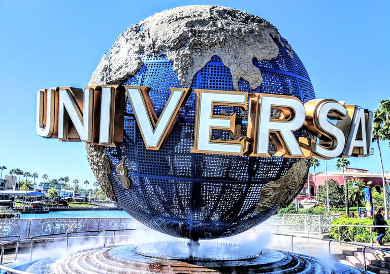 The iconic Universal globe fountain outside of Universal Studios Florida
