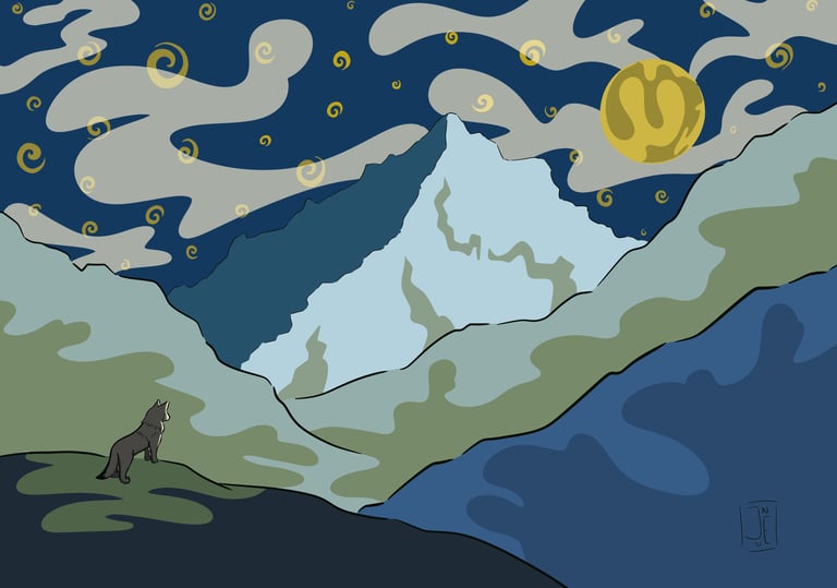 Un loup observe le paysage montagneux