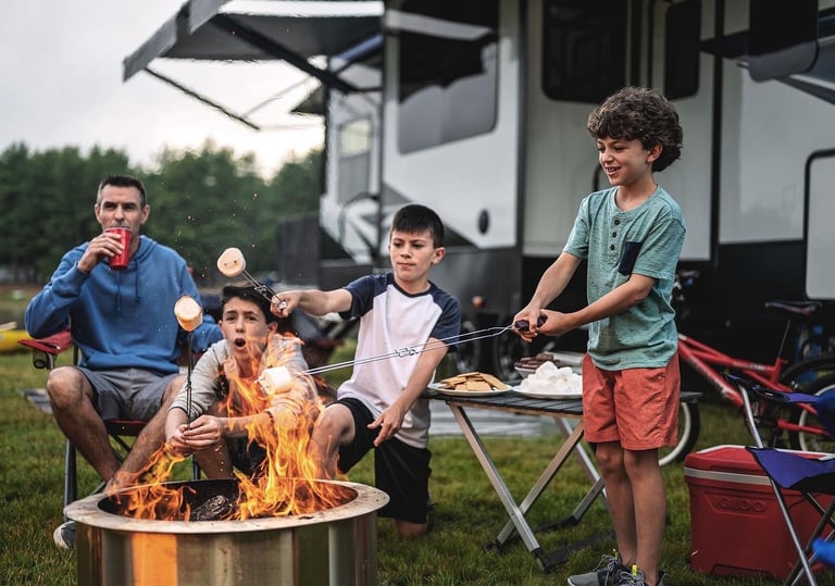 a group of people sitting around a fire pit roasting marshmellows