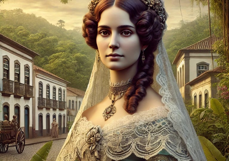 Retrato artístico de Dona Beja, a icônica e enigmática figura histórica de Araxá, cercada por uma pa